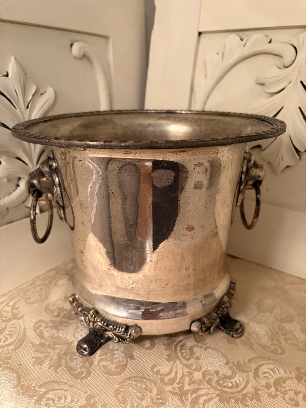 Vintage Silver-Tone Champagne Bucket with Lion Head Handles